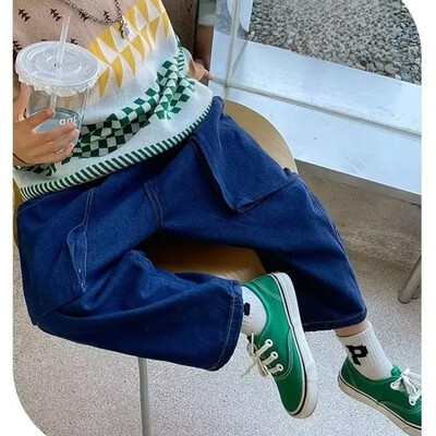 Stiilsed mitmekülgsed laste teksad 2024 uus mudel, vabaaja püksid, poisid, moodsad tänavarõivad, teksapüksid, puuvillased püksid