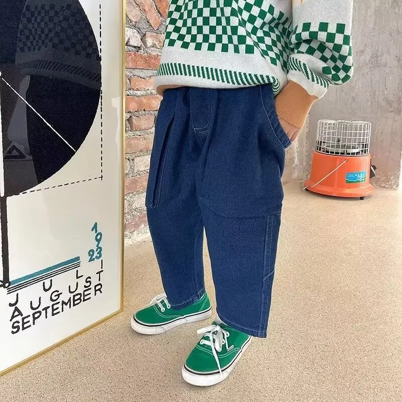 Stiilsed mitmekülgsed laste teksad 2024 uus mudel, vabaaja püksid, poisid, moodsad tänavarõivad, teksapüksid, puuvillased püksid