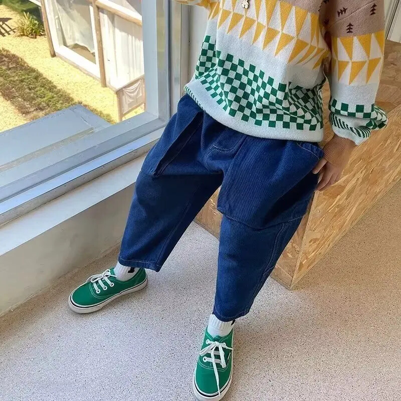 Stiilsed mitmekülgsed laste teksad 2024 uus mudel, vabaaja püksid, poisid, moodsad tänavarõivad, teksapüksid, puuvillased püksid