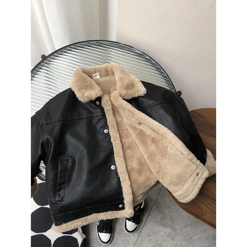 2-11 Y Dječje kožne jakne Dječaci Djevojčice Crni flis kardigan kaput Jesen Zima Topla široka vintage odjeća Gornja odjeća za tinejdžere