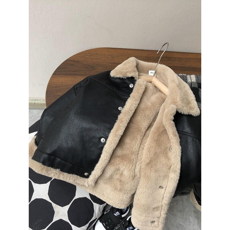 2-11 Y Dječje kožne jakne Dječaci Djevojčice Crni flis kardigan kaput Jesen Zima Topla široka vintage odjeća Gornja odjeća za tinejdžere