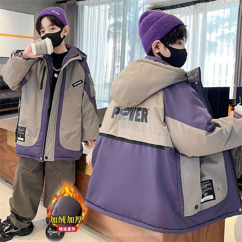 Very Keep Warm Jachetă de iarnă pentru băieți Adolescent Plus Jachetă din bumbac cu glugă îngroșată din catifea pentru copii 5 6 8 10 12 14 ani