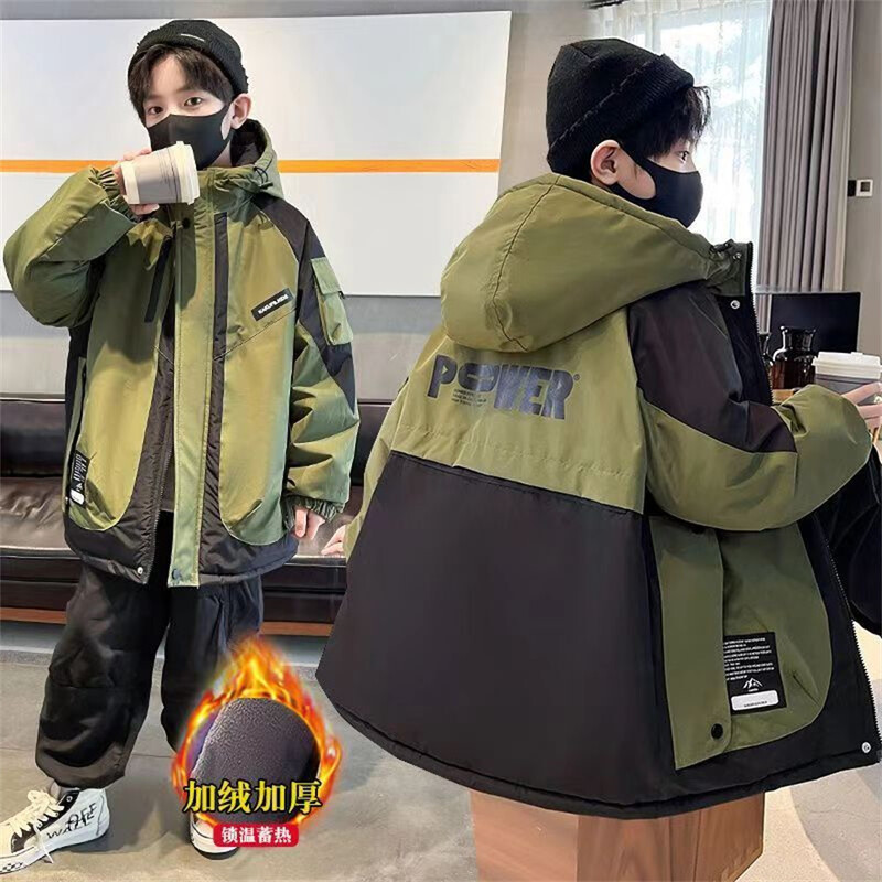 Very Keep Warm Jachetă de iarnă pentru băieți Adolescent Plus Jachetă din bumbac cu glugă îngroșată din catifea pentru copii 5 6 8 10 12 14 ani