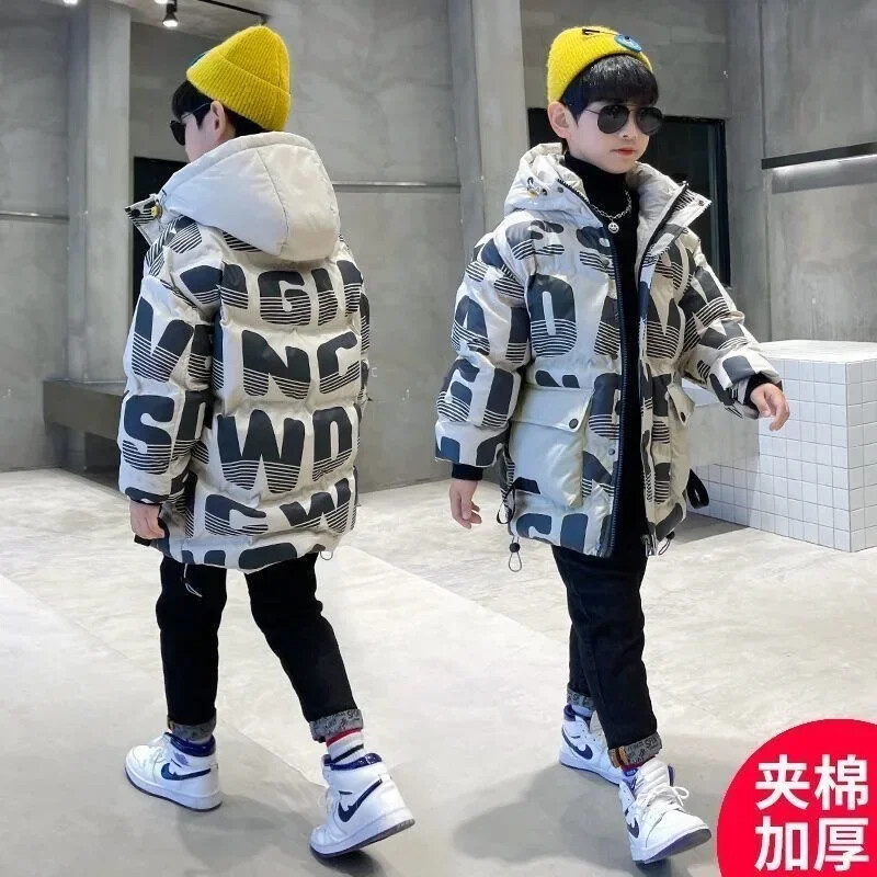 Zimska dječja topla gornja odjeća Parka kaput za dječake s printom slova Tinejdžerske modne deblje jakne s kapuljačom Dječje odijelo za van
