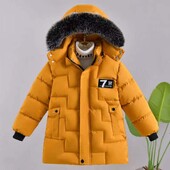 Teen Boys Μακρύ μπουφάν Χειμερινό μονόχρωμη επένδυση Plus βελούδινο χοντρό παλτό με ζεστή κουκούλα για 4-10 ετών Αγόρια με γούνινο γιακά με φερμουάρ