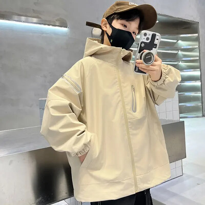 Gornja odjeća za dječake 2024. Nova jakna otporna na vjetar za veliku djecu na otvorenom Jesenska jakna s kapuljačom i patentnim zatvaračem otporna na vjetar za proljeće i jesen