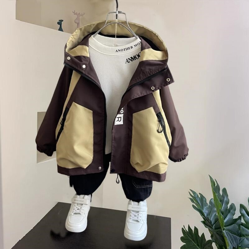 Dječji kaputi za dječake Proljeće Jesen 2023. Nova modna ležerna korejska patchwork jakna s patentnim zatvaračem Ulična odjeća Zgodna gornja odjeća s kapuljačom