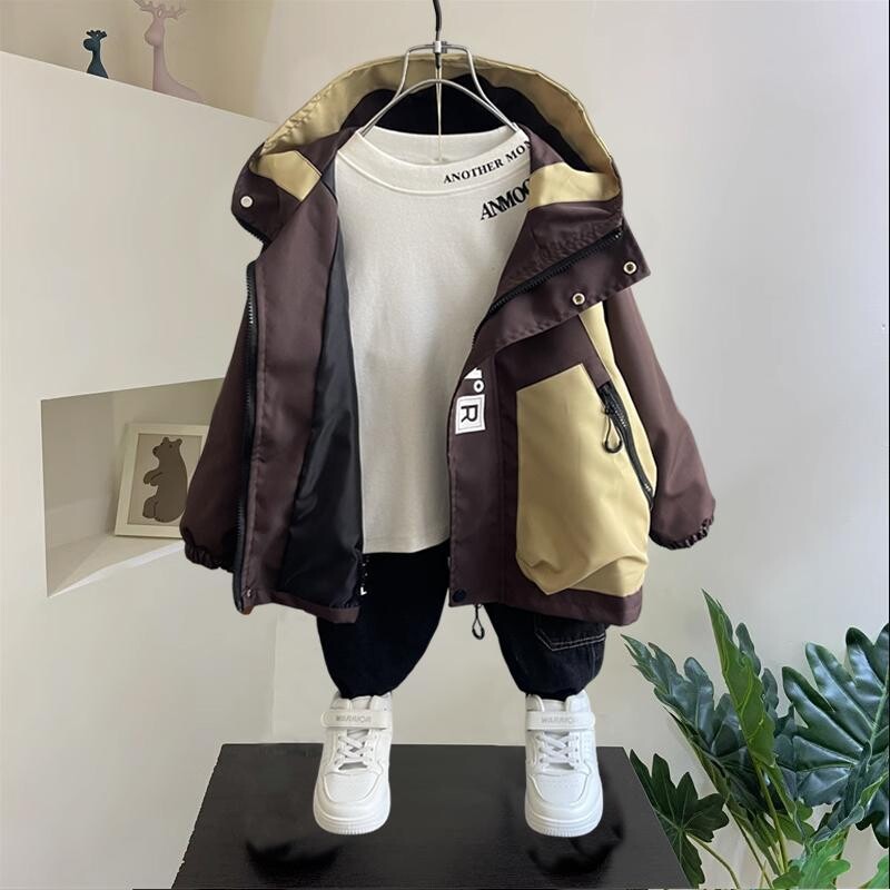 Dječji kaputi za dječake Proljeće Jesen 2023. Nova modna ležerna korejska patchwork jakna s patentnim zatvaračem Ulična odjeća Zgodna gornja odjeća s kapuljačom