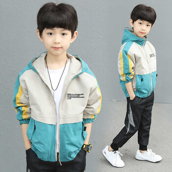 3 Color Splicing Boys Coat Spring Autumn Letter Printing Όμορφος ανεμοφράκτης με κουκούλα για 4-12 χρόνια Παιδικά αθλητικά εξωτερικά ρούχα αναψυχής