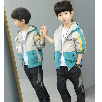 3 Color Splicing Boys Coat Spring Autumn Letter Printing Όμορφος ανεμοφράκτης με κουκούλα για 4-12 χρόνια Παιδικά αθλητικά εξωτερικά ρούχα αναψυχής