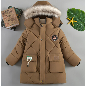 2024 Winter New Boys Jacket μονόχρωμη φόδρα βελούδινα Keep Warm Γούνινο γιακά με κουκούλα και φερμουάρ για Παιδική φόρμα 4-10 ετών