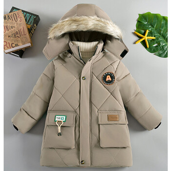 2024 Winter New Boys Jacket μονόχρωμη φόδρα βελούδινα Keep Warm Γούνινο γιακά με κουκούλα και φερμουάρ για Παιδική φόρμα 4-10 ετών