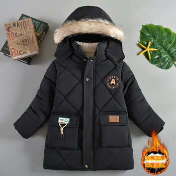 2024 Winter New Boys Jacket μονόχρωμη φόδρα βελούδινα Keep Warm Γούνινο γιακά με κουκούλα και φερμουάρ για Παιδική φόρμα 4-10 ετών