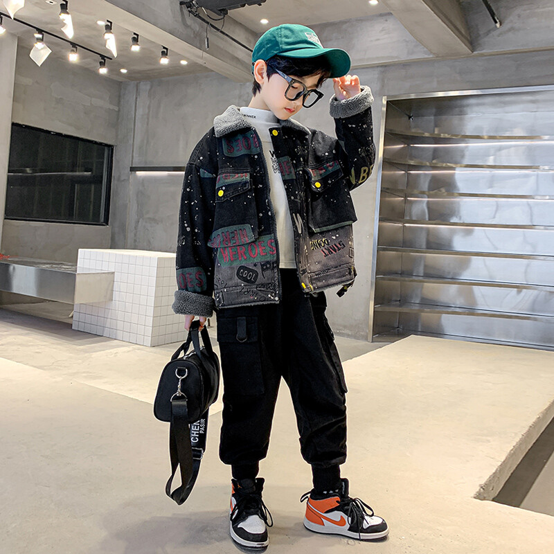 Zimska odjeća za dječake Denim Plus Vunena podstavljena jakna Top traperice s printom u boji za 5 7 9 11 13 14 godina Jakna za dječake Unutrašnji plišani kaput