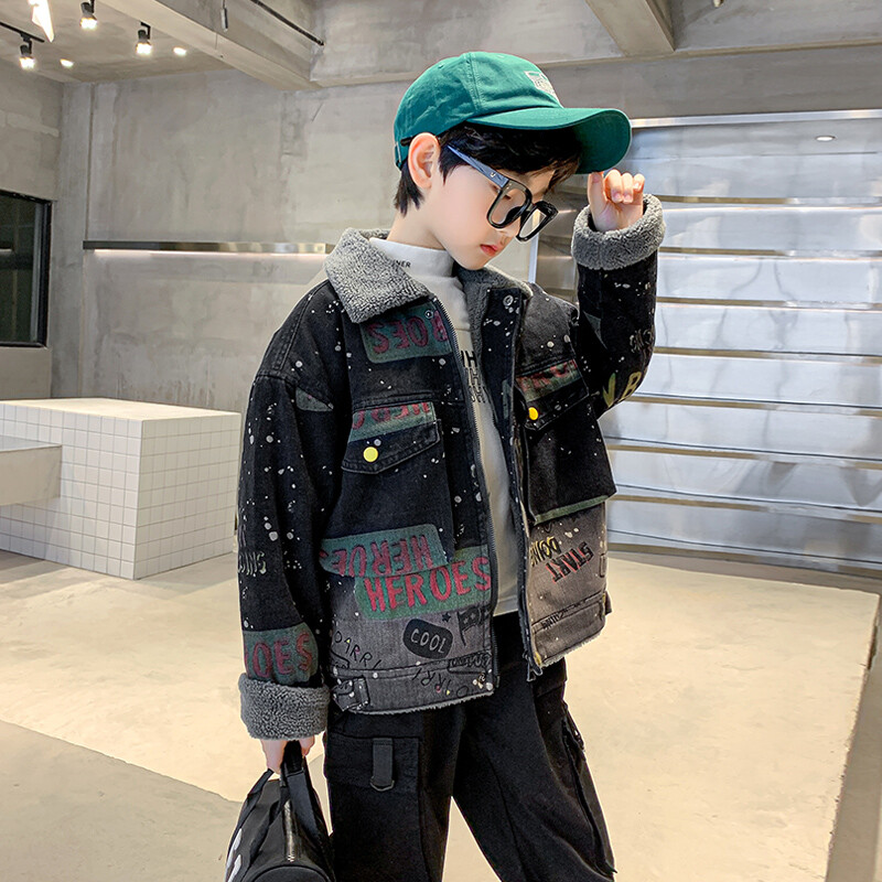 Zimska odjeća za dječake Denim Plus Vunena podstavljena jakna Top traperice s printom u boji za 5 7 9 11 13 14 godina Jakna za dječake Unutrašnji plišani kaput