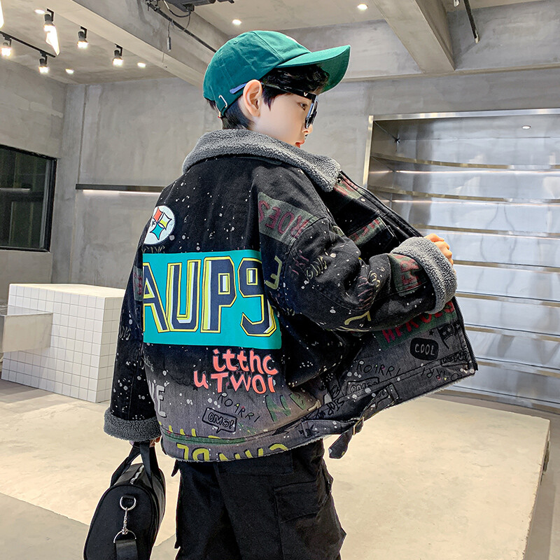 Zimska odjeća za dječake Denim Plus Vunena podstavljena jakna Top traperice s printom u boji za 5 7 9 11 13 14 godina Jakna za dječake Unutrašnji plišani kaput