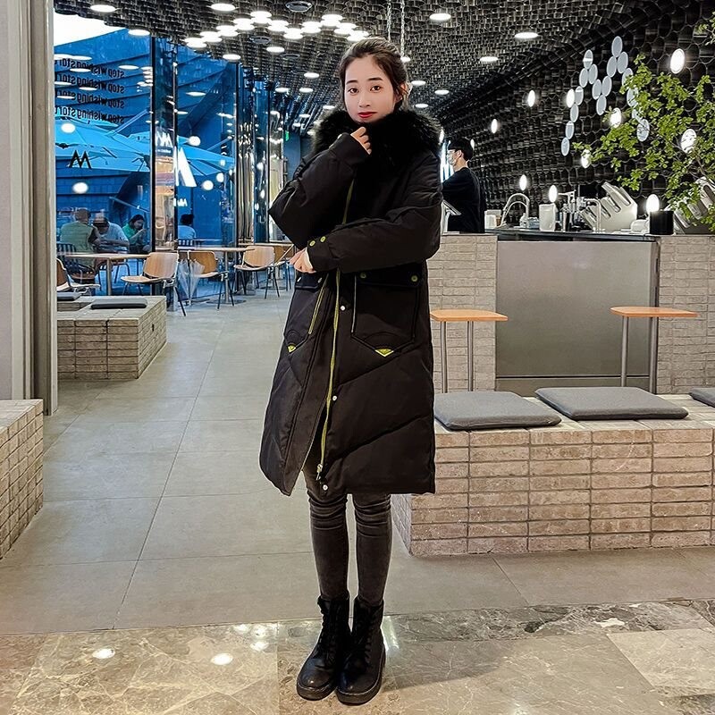 Χειμερινό μπουφάν Μαύρο Λευκό Γυναικείο Πάρκα Μπουφάν με κουκούλα με βαμβακερή επένδυση Παλτό Μόδα Γούνινο γιακά Ζεστό φερμουάρ Μακρύ πανωφόρι πανωφόρι