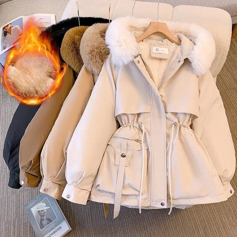 Naise polsterdatud puuvillane mantel Tugev talveparkid Palus karusnahast krae Villane vooder kapuutsiga jope lumeparkid, soe paks fliisist mantel