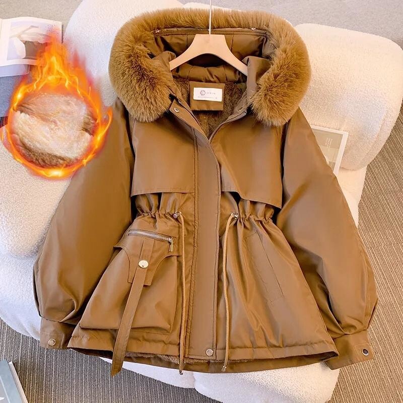 Naise polsterdatud puuvillane mantel Tugev talveparkid Palus karusnahast krae Villane vooder kapuutsiga jope lumeparkid, soe paks fliisist mantel