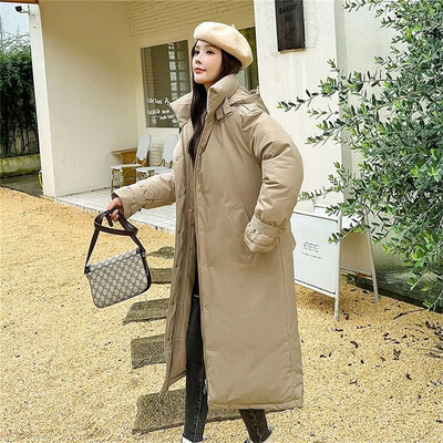 Jachetă pufă cu glugă pentru femei, 2024, la modă, ocazională, din bumbac, haină îngroșată Parka caldă, rezistentă la vânt, pardesiu lung pentru femei