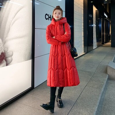 Sjajna puhasta pamučna jakna Ženska nova modna zima 2023. Dugi kaput s kapuljačom uskog struka Ženski deblji kaput Parker otporan na vjetar