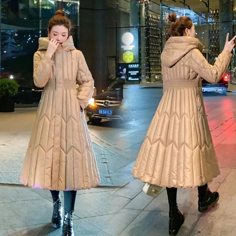 Sjajna puhasta pamučna jakna Ženska nova modna zima 2023. Dugi kaput s kapuljačom uskog struka Ženski deblji kaput Parker otporan na vjetar