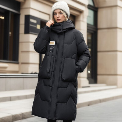 Parka de iarnă Jachetă lungă pentru femeie, cu glugă, detașabilă, buzunare libere cu fermoar.