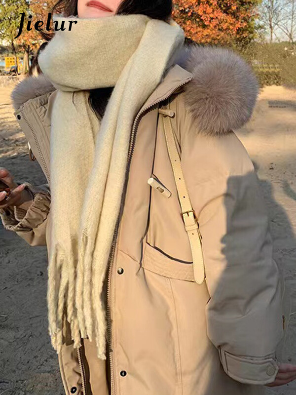 Модни корейски парки с тънка талия и качулка Jielur, елегантни, свободни, ежедневни дамски паркове, дълги пухени палта