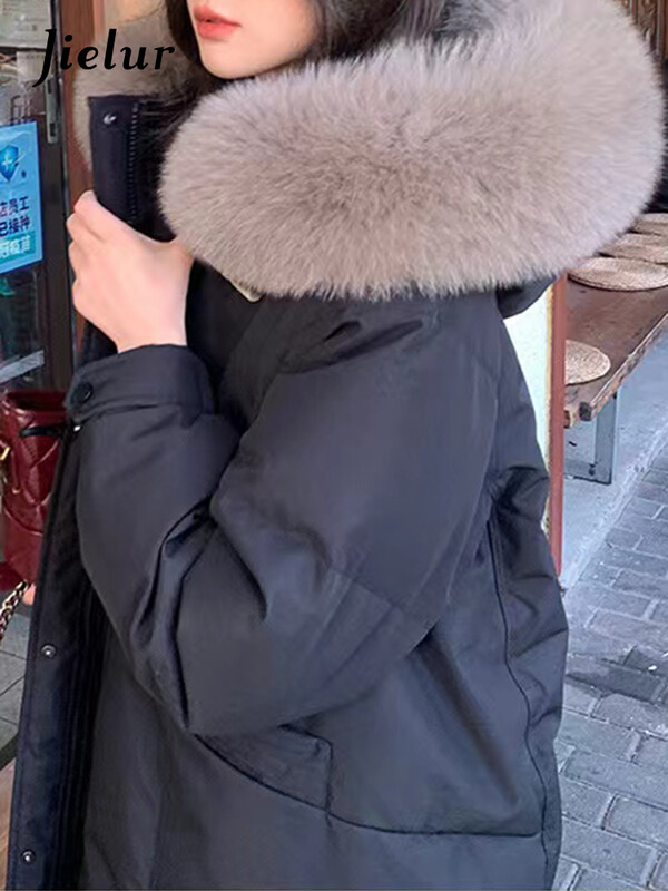 Модни корейски парки с тънка талия и качулка Jielur, елегантни, свободни, ежедневни дамски паркове, дълги пухени палта