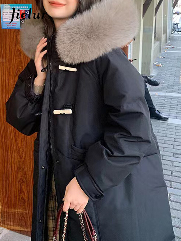 Модни корейски парки с тънка талия и качулка Jielur, елегантни, свободни, ежедневни дамски паркове, дълги пухени палта