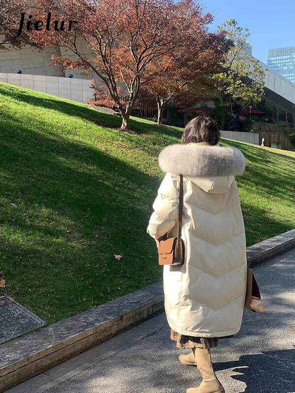 Модни корейски парки с тънка талия и качулка Jielur, елегантни, свободни, ежедневни дамски паркове, дълги пухени палта