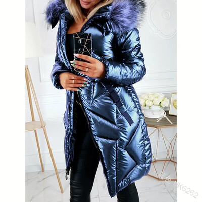 Vidēja garuma mēteļi Parkas Apģērbs Rāvējslēdzējs Trend Glossy Parkas Virsdrēbes Sieviešu liela kažokādas apkakle Slim Fit Thermal rudens ziemas mētelis