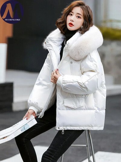 Jachetă albă cu glugă din puf de rață, cu guler de blană, pentru femei Parka scurtă, slim fit, lucioasă, caldă, modă coreeană toamnă iarnă nou