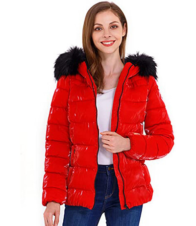 Giolshon Ženska prošivena lagana pufer jakna Topla jakna s kapuljačom i krznenim ovratnikom Ženska svjetlucava parka na lak Puh kaputi Gornja odjeća
