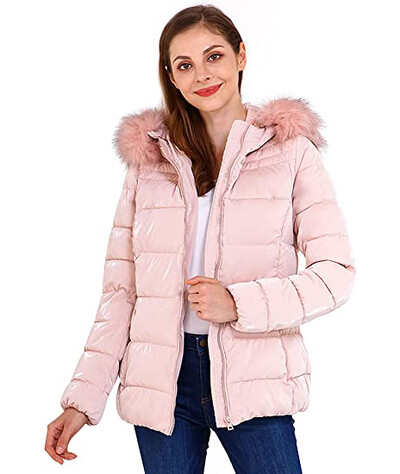 Giolshon Ženska prošivena lagana pufer jakna Topla jakna s kapuljačom i krznenim ovratnikom Ženska svjetlucava parka na lak Puh kaputi Gornja odjeća
