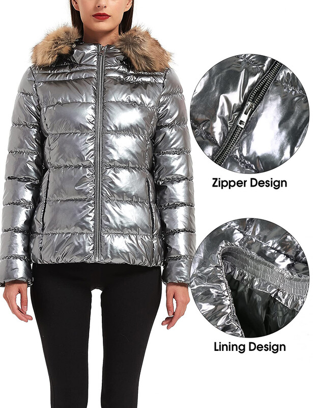 Giolshon Ženska prošivena lagana pufer jakna Topla jakna s kapuljačom i krznenim ovratnikom Ženska svjetlucava parka na lak Puh kaputi Gornja odjeća