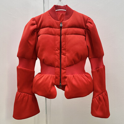 DEAT Modni ženski kaput s podstavljenim pamukom i širokim rukavima s patentnim zatvaračem u struku, crne prošivene kratke jakne, zima 2024. Novo 7AB299