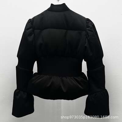 DEAT Modni ženski kaput s podstavljenim pamukom i širokim rukavima s patentnim zatvaračem u struku, crne prošivene kratke jakne, zima 2024. Novo 7AB299