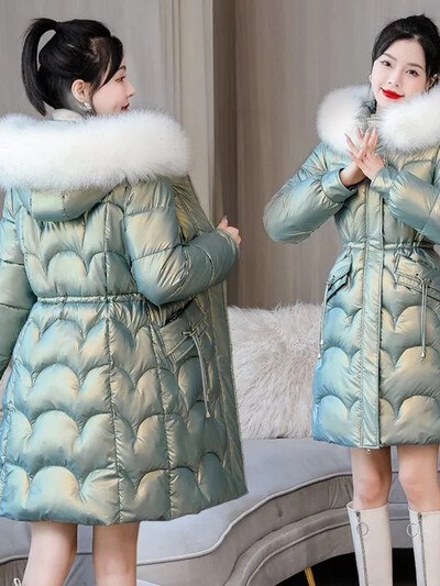 Nova zimska jakna 2023. Dugi kaputi Ženske parke s krznenim ovratnikom Sjajna pamučna jakna s kapuljačom Topla ležerna pamučno podstavljena parka kaput