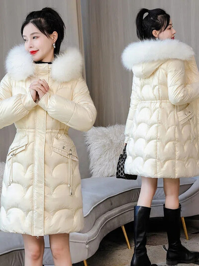 Nova zimska jakna 2023. Dugi kaputi Ženske parke s krznenim ovratnikom Sjajna pamučna jakna s kapuljačom Topla ležerna pamučno podstavljena parka kaput
