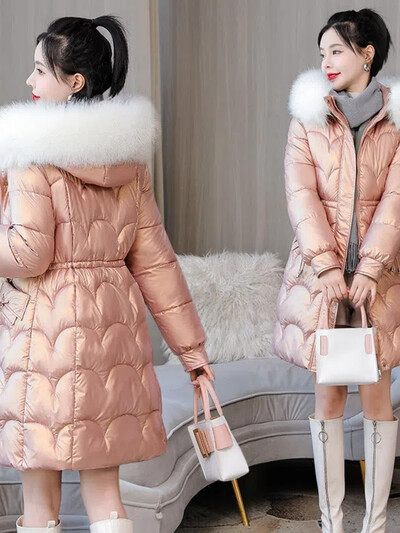 Nova zimska jakna 2023. Dugi kaputi Ženske parke s krznenim ovratnikom Sjajna pamučna jakna s kapuljačom Topla ležerna pamučno podstavljena parka kaput