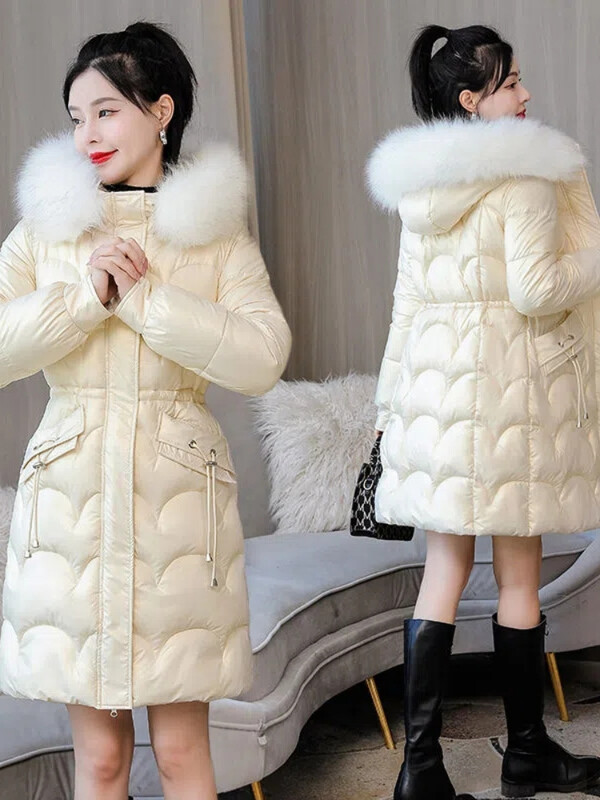 Nova zimska jakna 2023. Dugi kaputi Ženske parke s krznenim ovratnikom Sjajna pamučna jakna s kapuljačom Topla ležerna pamučno podstavljena parka kaput