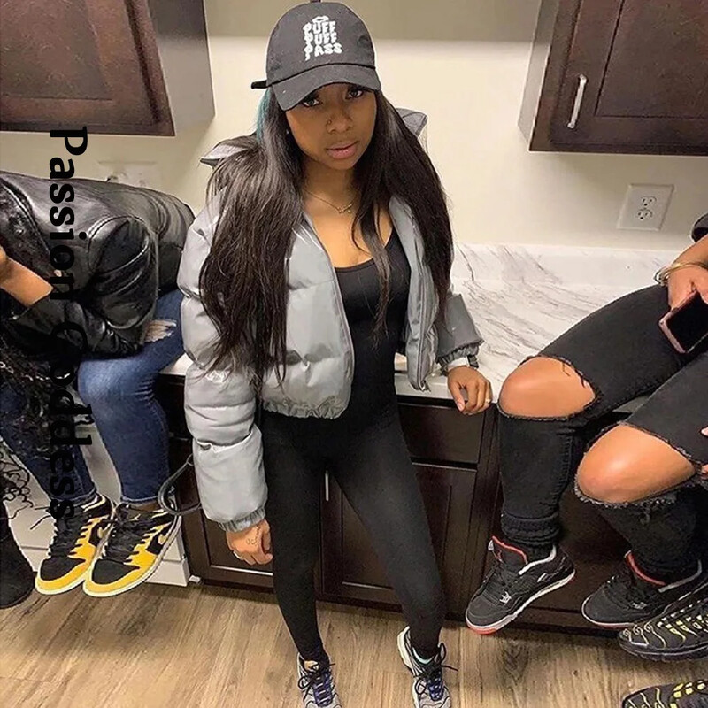 Ženske sjajne sive pufer jakne od PU kože Zimske sjajne kožne kapute s mjehurićima Debele parke s patentnim zatvaračem Puf jakne s jaknom