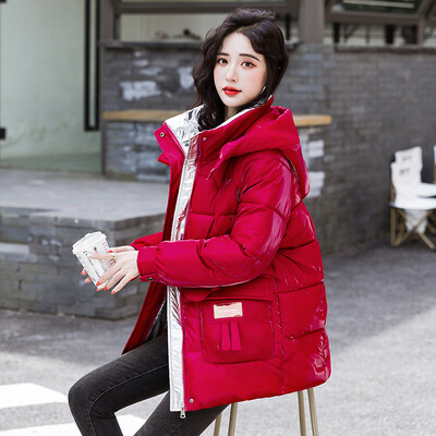 Sjajna pamučna jakna Debela topla pufer jakna s kapuljačom Ženska parka dugih rukava Preveliki korejski kaput Crna Crvena Zelena Plava