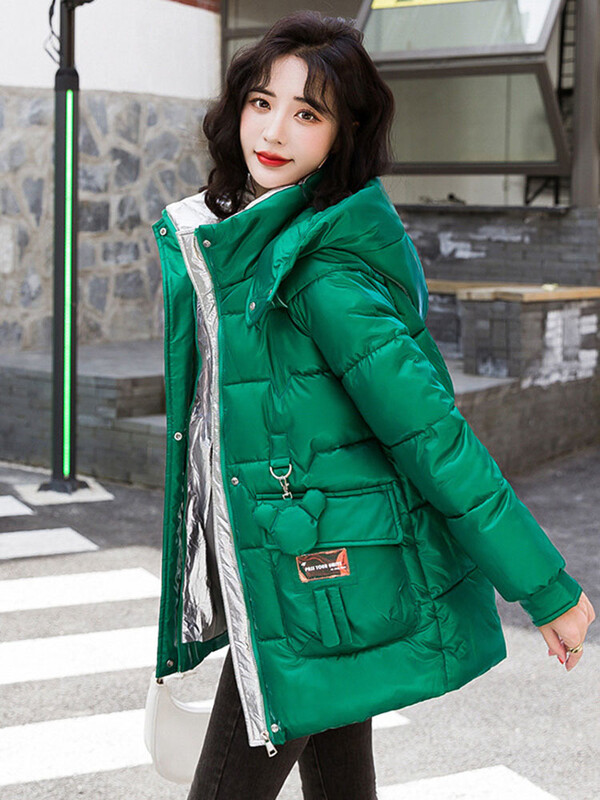 Sjajna pamučna jakna Debela topla pufer jakna s kapuljačom Ženska parka dugih rukava Preveliki korejski kaput Crna Crvena Zelena Plava