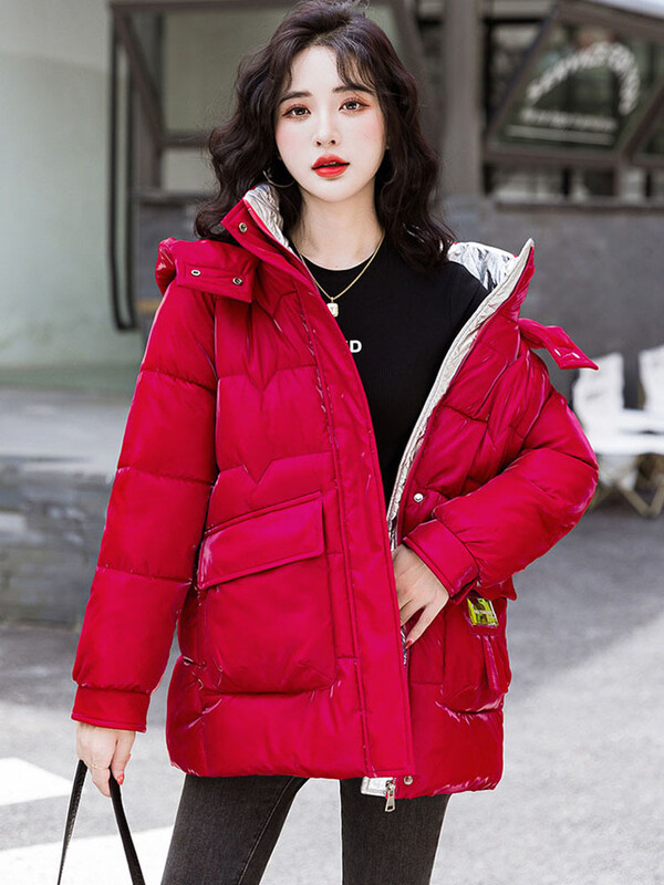 Sjajna pamučna jakna Debela topla pufer jakna s kapuljačom Ženska parka dugih rukava Preveliki korejski kaput Crna Crvena Zelena Plava