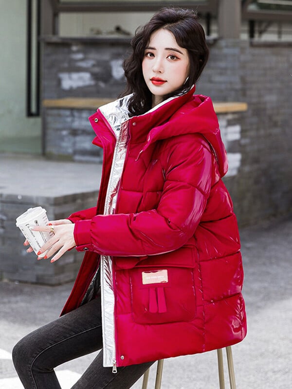 Sjajna pamučna jakna Debela topla pufer jakna s kapuljačom Ženska parka dugih rukava Preveliki korejski kaput Crna Crvena Zelena Plava