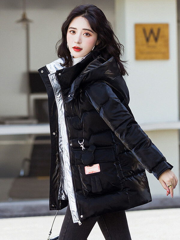 Sjajna pamučna jakna Debela topla pufer jakna s kapuljačom Ženska parka dugih rukava Preveliki korejski kaput Crna Crvena Zelena Plava