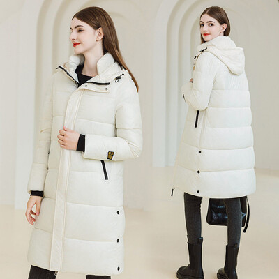 2024 Jachetă din puf de iarnă, negru, auriu, pentru femei, haine clasice din bumbac, parcă cu glugă peste genunchi, la tendință, îmbrăcăminte exterioară îngroșată