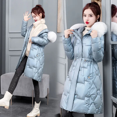 Nova zimska jakna za 2023., ženske parke, sjajna snježna odjeća, kaput, modna ženska parka s kapuljačom i krznenim ovratnikom, dugi kaput otporan na vjetar